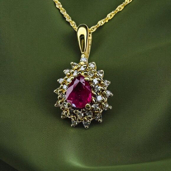 14K Gold -Natural Burmese Ruby Halo Diamond Necklace -20" 2/3 CTTW -Pear Cut -2g - Picture 6 of 16